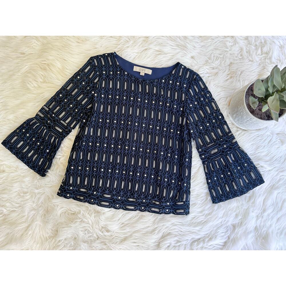 LOFT Navy Lace Eyelet Bell-Sleeve Top